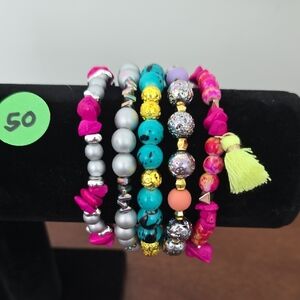 Erimish Hot Pink, Turquoise & Silver Beaded Extended Stretch Bracelet Set (NWOT)